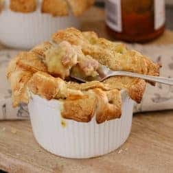 Creamy Chicken, Leek & Bacon Pies topped with crispy puff pastry are easy to make and taste delicious... a classic winter dinner. Printable conventional and Thermomix recipes included.