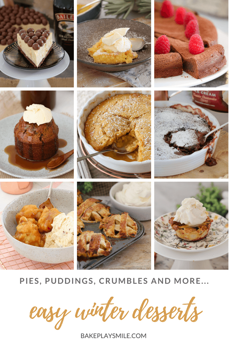 A collage of dessert photos including pies, puddings, crumbles and more