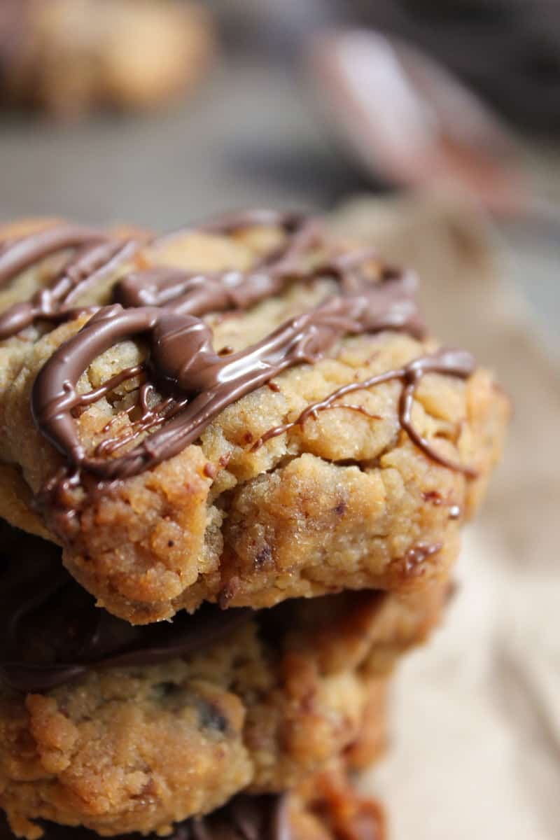 A close up of  a cookie filled with dates and drizzled with chocolate