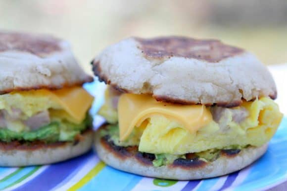 Camping breakfast sandwiches made with egg, cheese and bacon. 