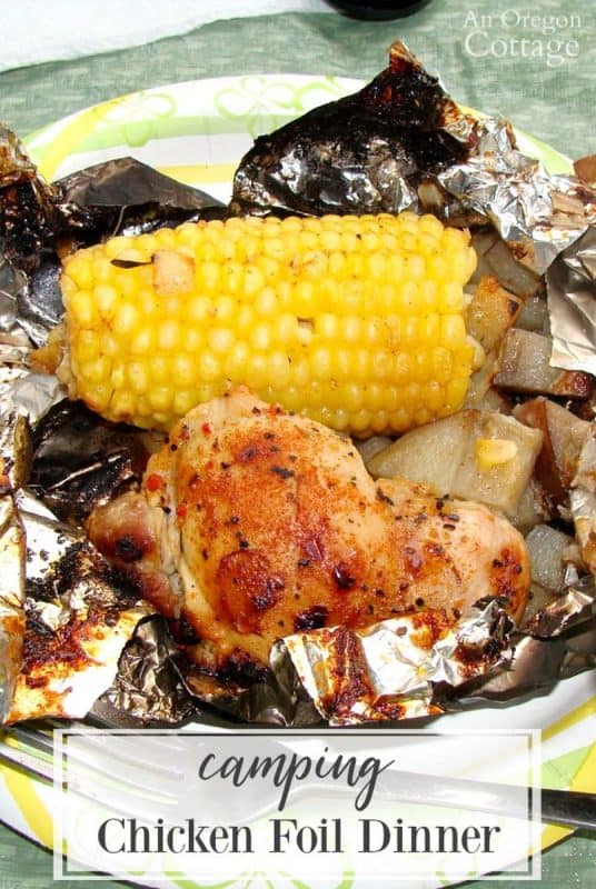 A chicken foil dinner being cooked on a campfire. 