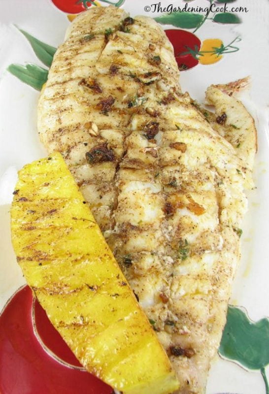 A piece of snapper fish with a slice of grilled pineapple on the side. 