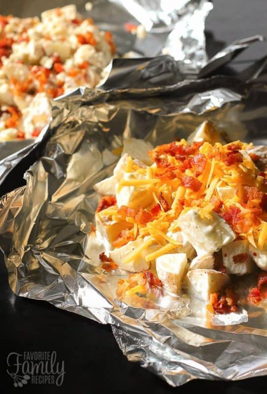 Ranch potatoes cooked in foil on the campfire. 