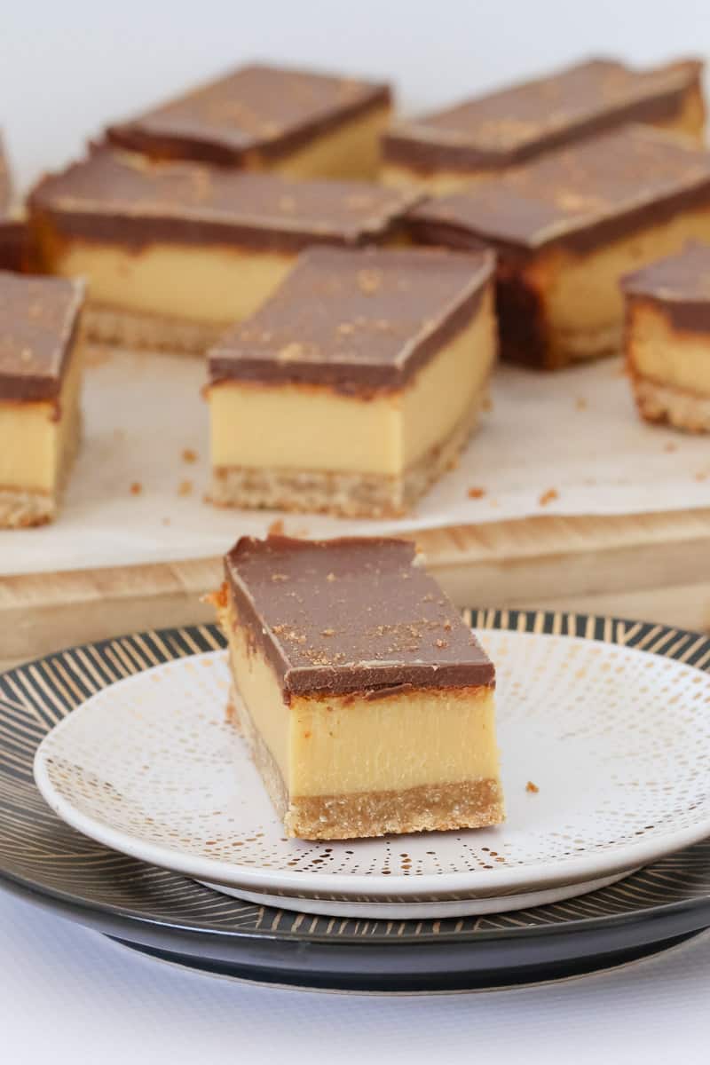 Pieces of chocolate caramel slice with 3 layers. 