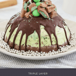 A pudding shaped chocolate and mint ice cream cake, drizzled with chocolate and topped with broken peppermint crisp and green lollies
