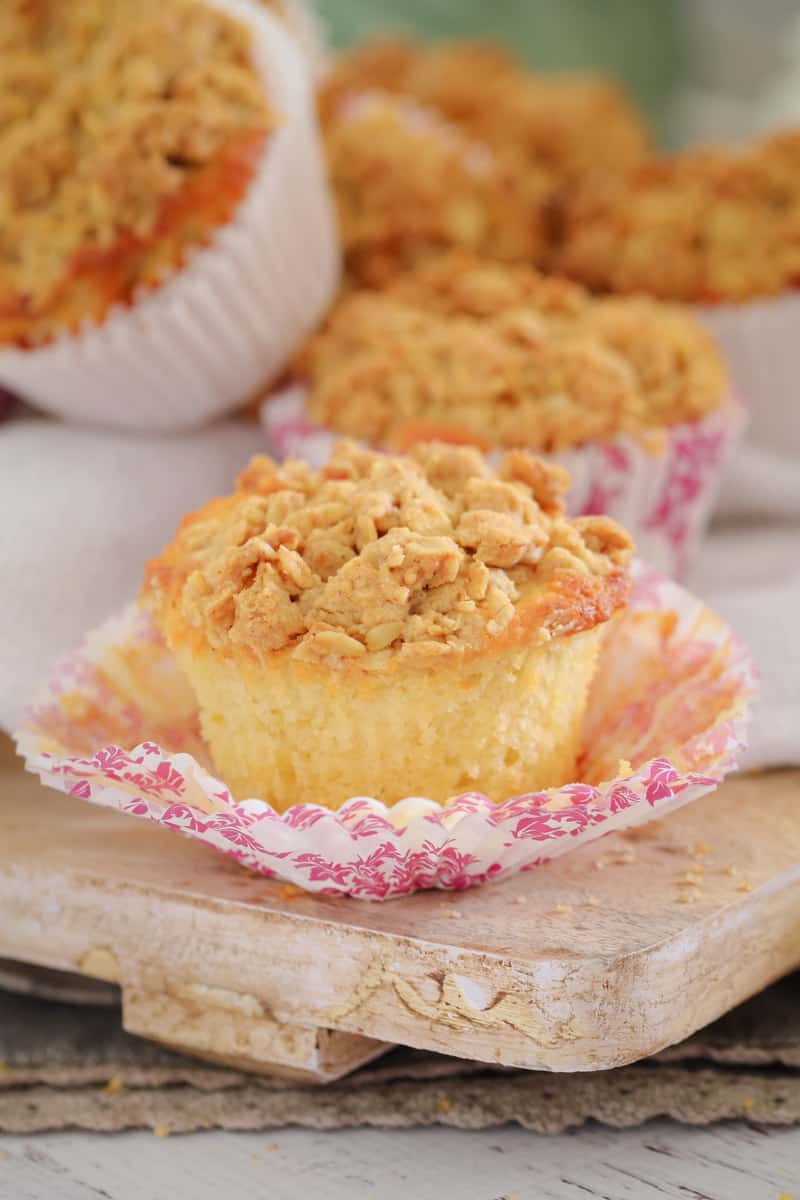 A soft apple muffin with oat crumble streusel topping. 