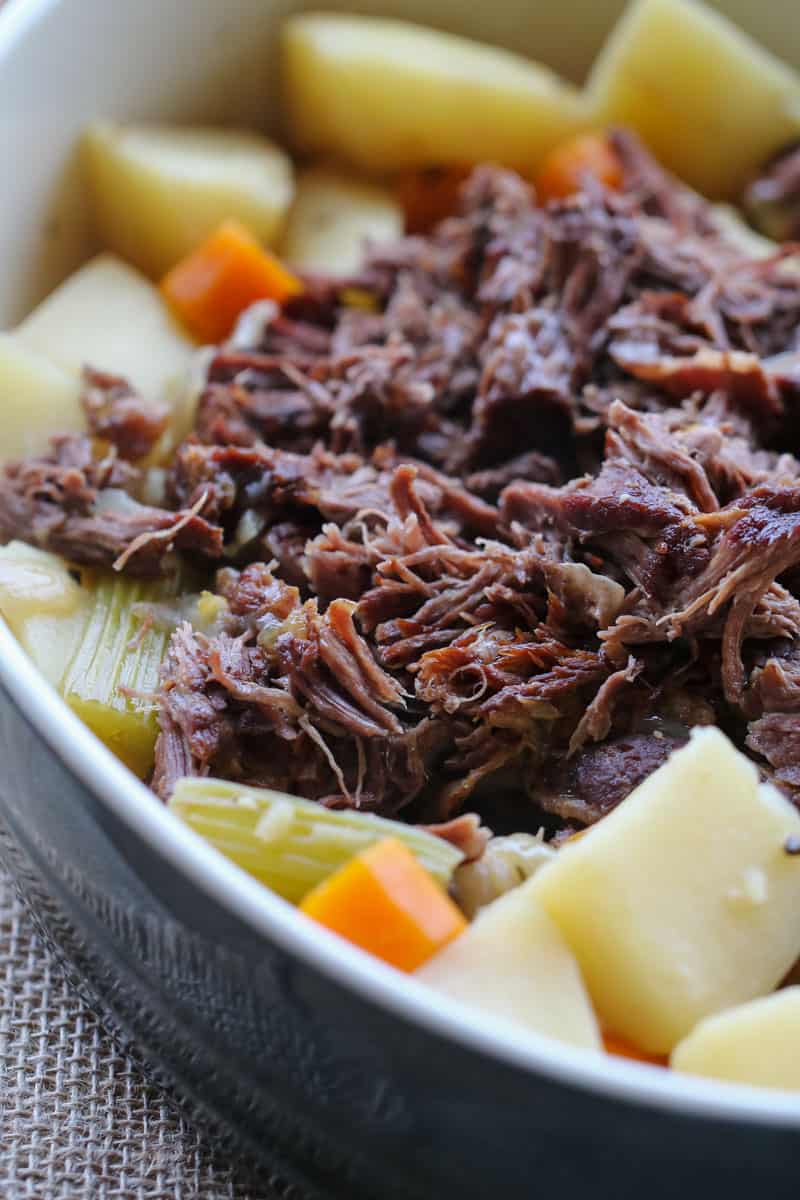Shredded roast beef from the slow cooker. 