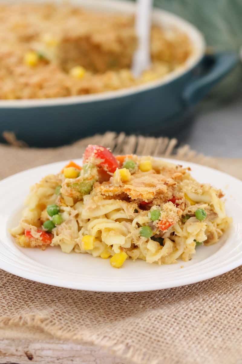 Tuna pasta casserole served on a white plate