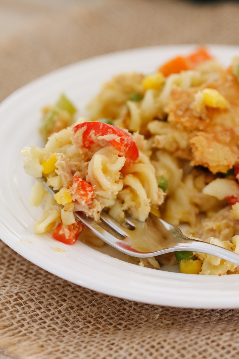 A close up of a plate and forkful of tuna pasta casserole showing corn and capsicum inside