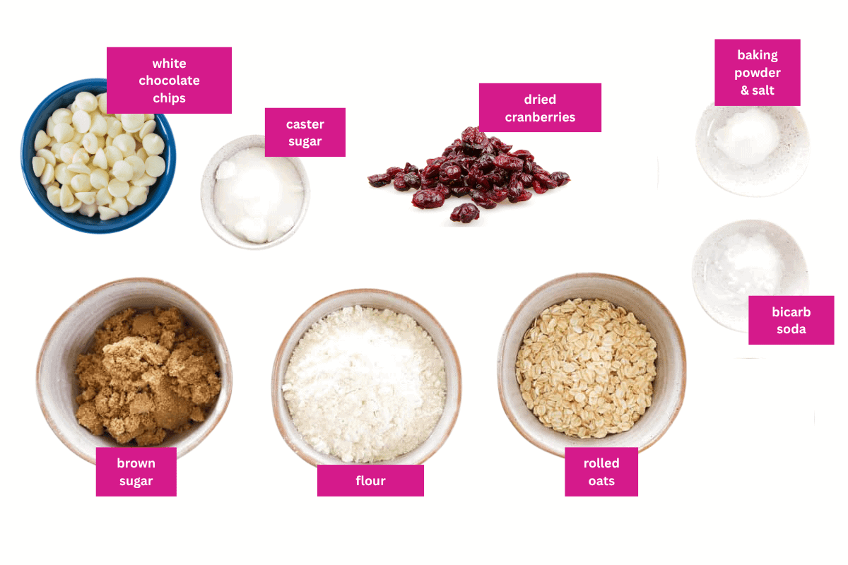 The ingredients for white chocolate and cranberry cookies.