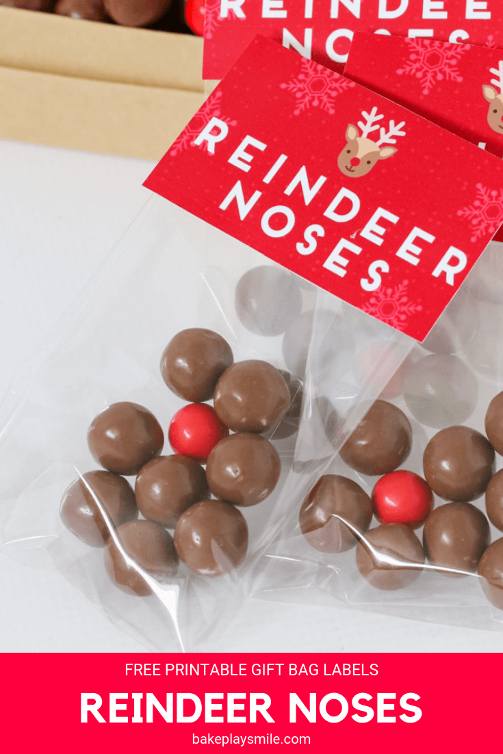 A clear bag labelled Reindeer Noses with Maltesers and a red Jaffa inside.