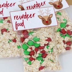 Reindeer Food gift bags make the perfect Christmas present for kindy and school friends! Simply mix oats with red and green M&Ms in a clear gift bag and attach our free printable label... then sprinkle the magic 'reindeer food' outside on Christmas Eve for Rudolph and his reindeer friends. 