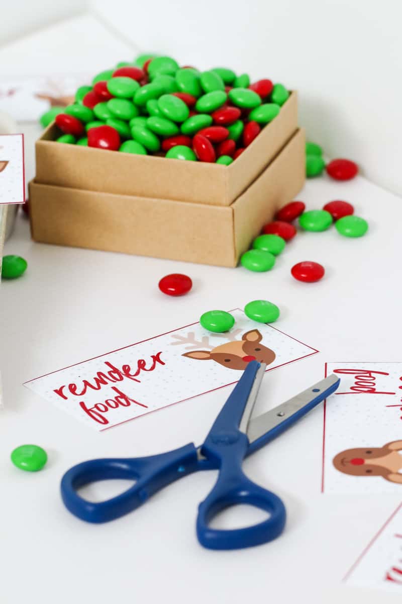 Scissors cutting out reindeer food labels with a container of red and green M&Ms in the background.