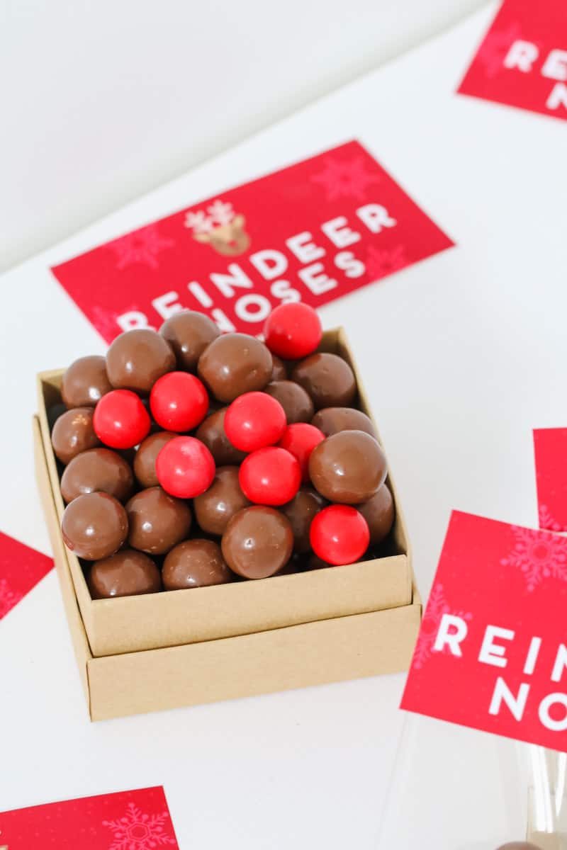 A container filled with malted milk balls and red chocolate balls with reindeer nose labels in the background.