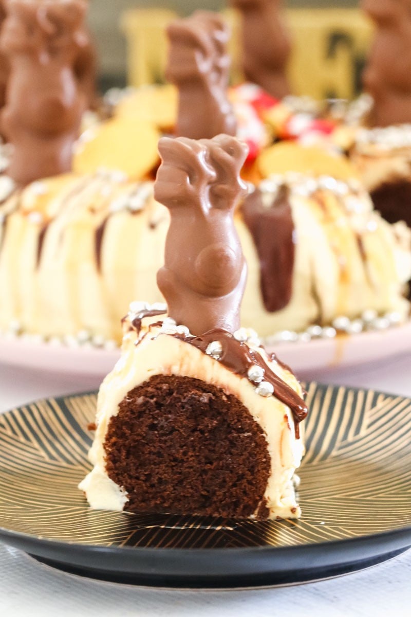 A chocolate bundt wreath, decorated with chocolate animals, with a cut slice of cake in the foreground