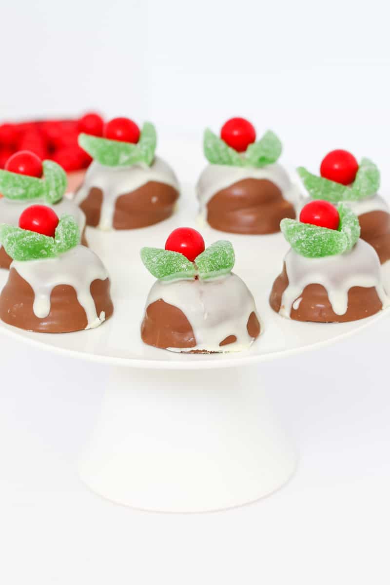 A plate of chocolate covered marshmallow biscuits drizzled with white chocolate and decorated with spearmint leaves and red lollies