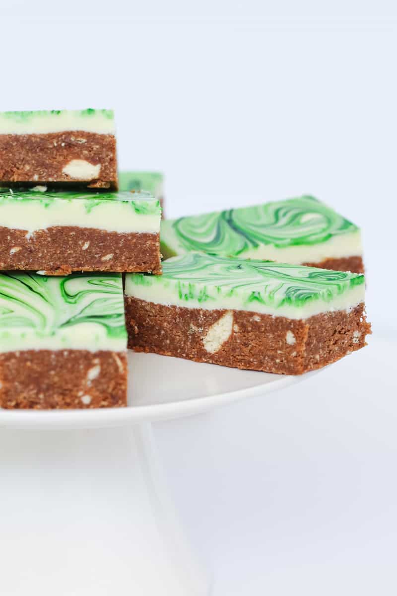 A unbaked chocolate mint slice made from peppermint chocolate. 