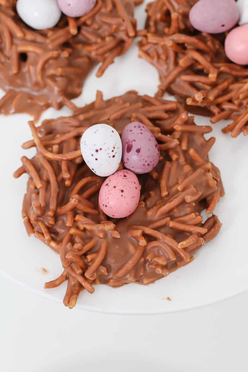 An easter chocolate dessert with fried noodles.