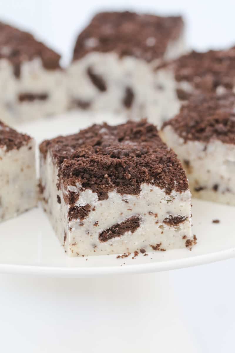 Crushed Oreos on top of white cookies and cream fudge made in the microwave. 