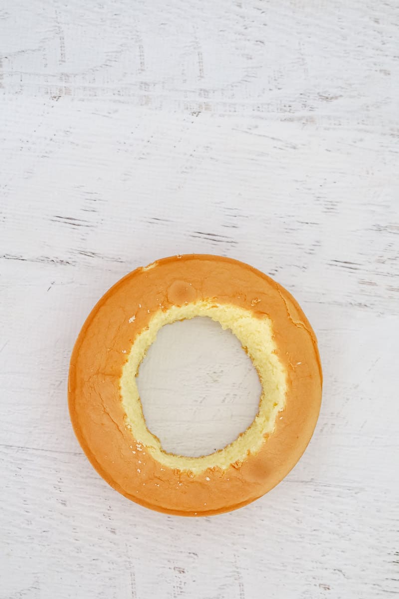 A sponge cake cut into a circle. 