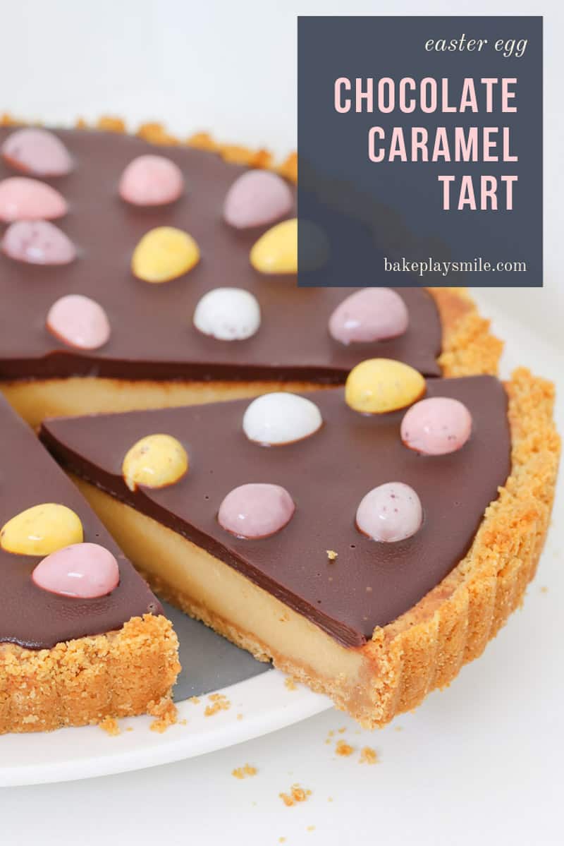 The most delicious Easter Chocolate Caramel Tart with a biscuit crumb base, creamy caramel filling, chocolate ganache topping and mini Easter eggs!