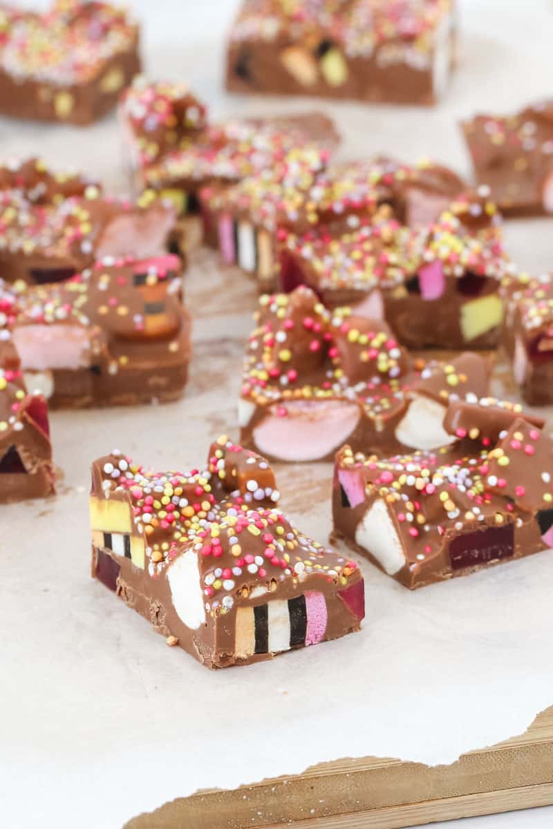 Kids party food rock road pieces with sprinkles, liquorice and Turkish Delight. 
