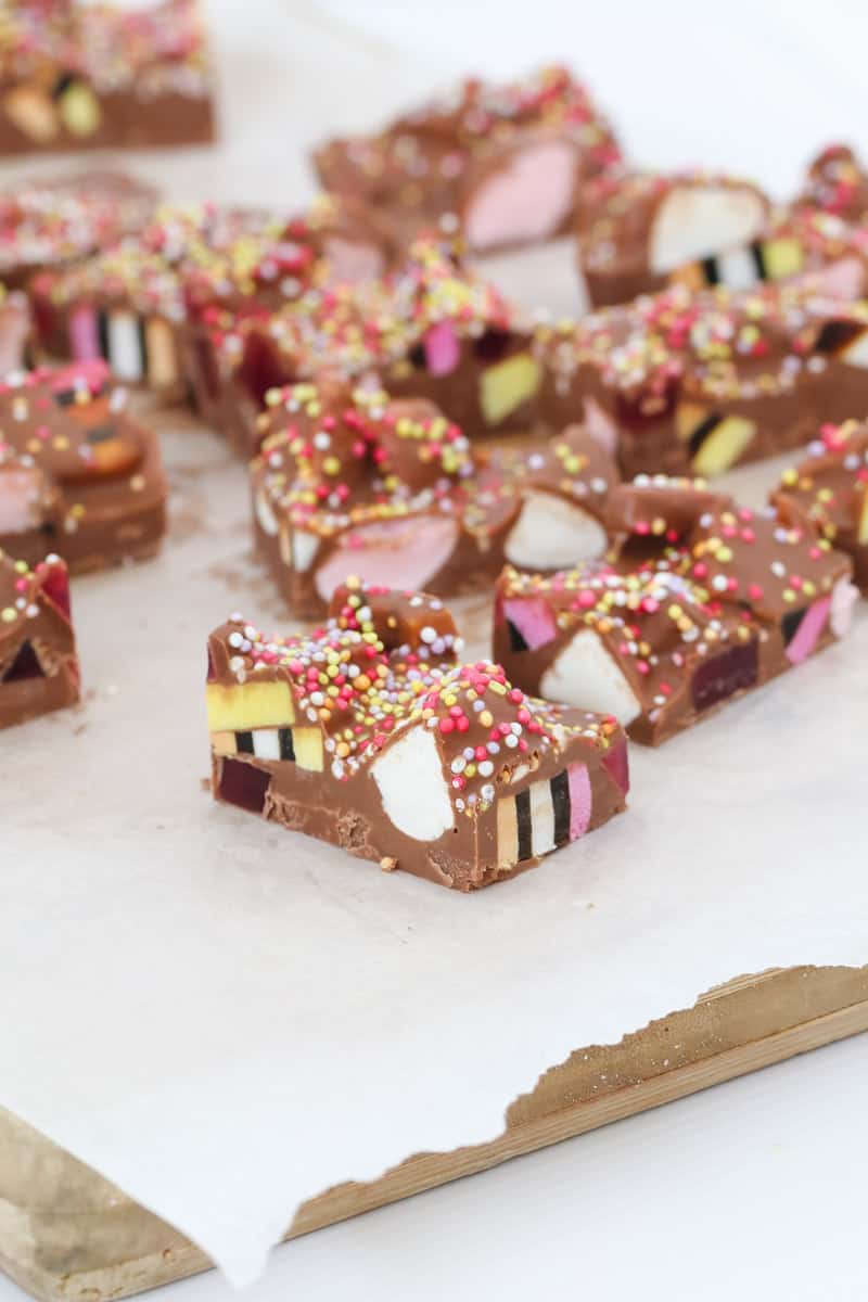 Bright and colourful rocky road with licorice allsorts and Turkish delight. 