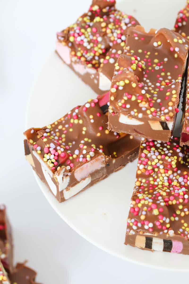 Marshmallows, sprinkles and milk chocolate rocky road. 