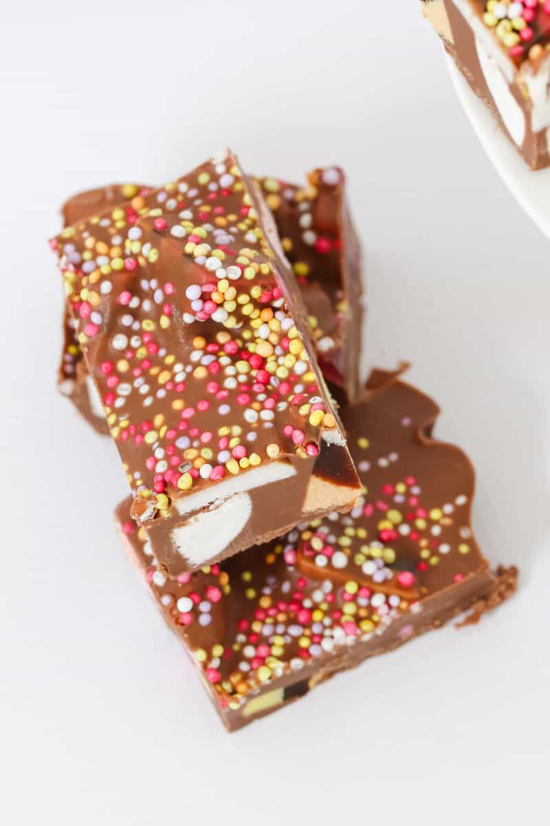 Milk chocolate and sprinkles rocky road. 