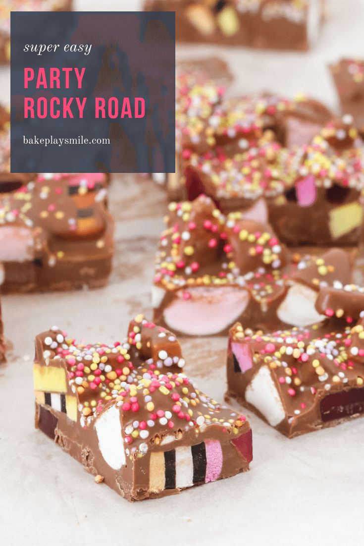 A fun party rocky road recipe made with milk chocolate, turkish delight, marshmallows, licorice allsorts and sprinkles! 