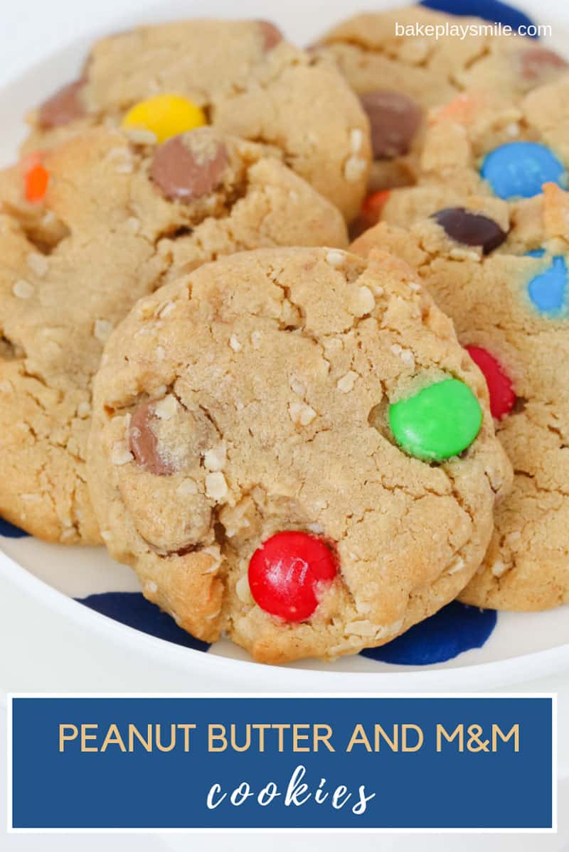 A plate of peanut butter cookies with oats, M&Ms and chocolate chips.