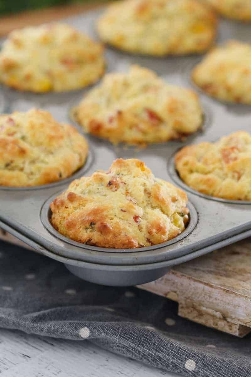 A batch of savoury muffins in a muffin pan. 