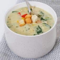 A healthy Creamy Chicken & Vegetable Soup made with absolutely no-cream! The perfect cold and flu fighting soup during winter!