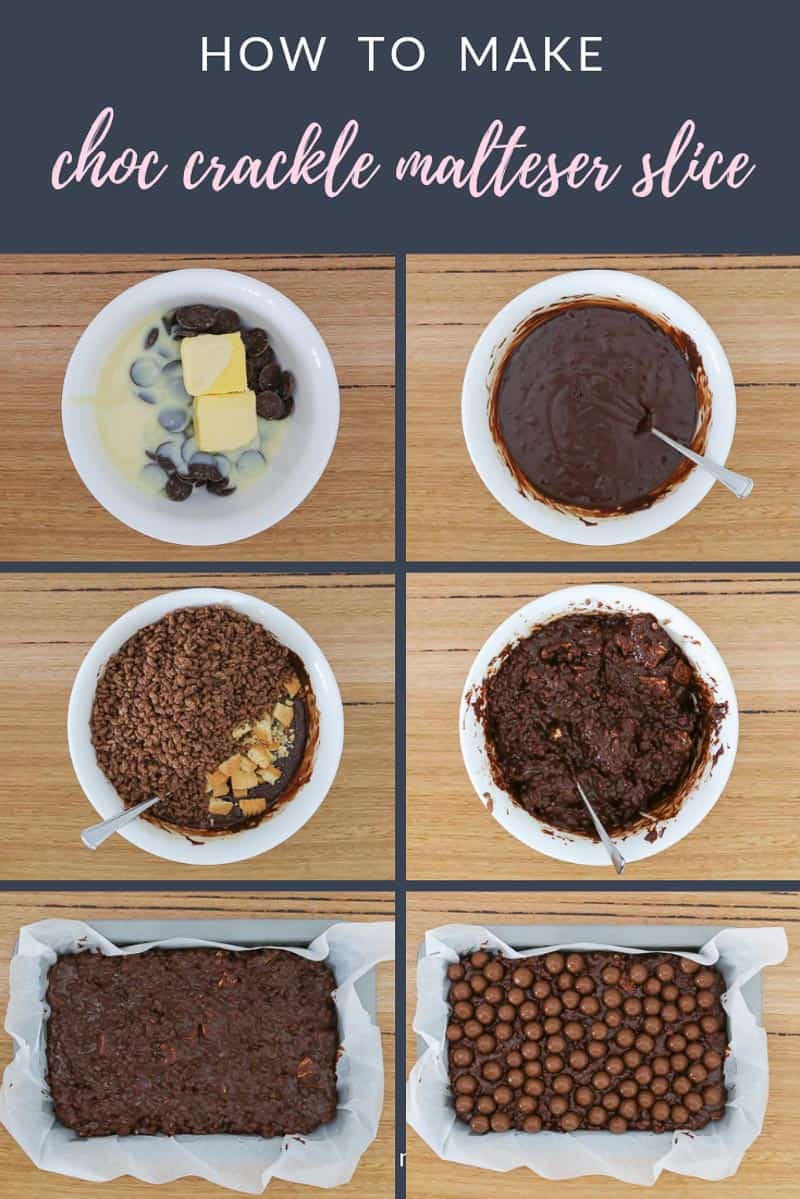 The steps for making a Chocolate Crackle Malteser Slice