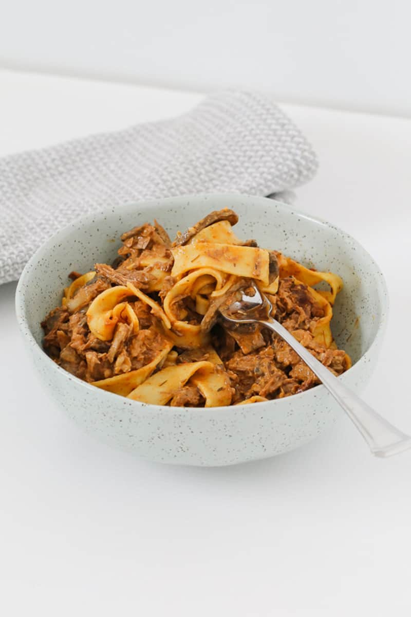 A bowl of hearty beef stroganoff.