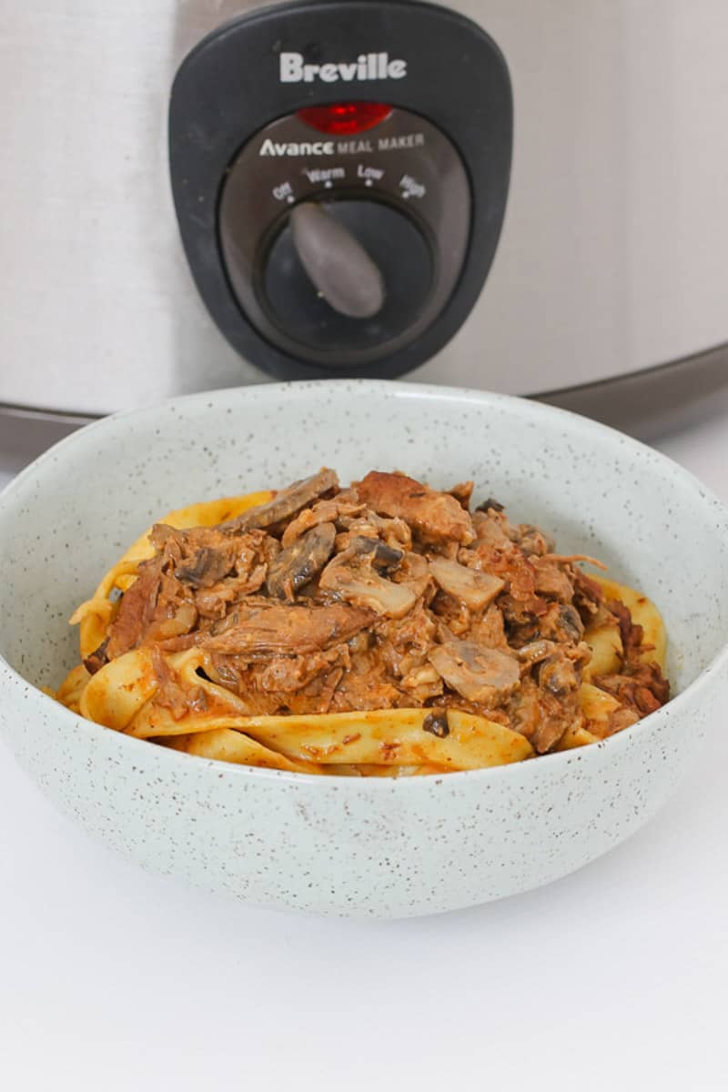 A bowl of homemade beef stroganoff with egg noodles.