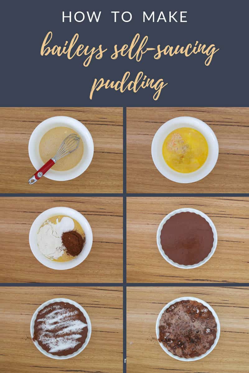 The steps needed to make Baileys Self-Saucing Pudding.