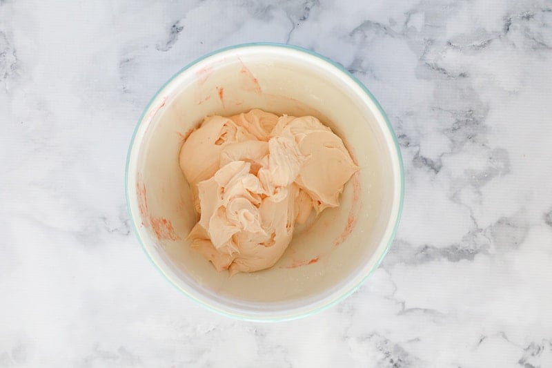 Strawberry cream cheese filling in a mixing bowl. 