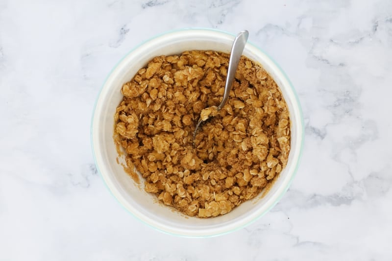 Oat crumble mixture in a bowl. 