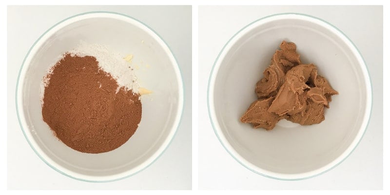 Two bowls - one with self-raising flour and Milo and the other of a chocolate cookie dough. 