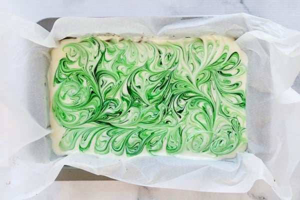 Green food colouring swirled through white chocolate.