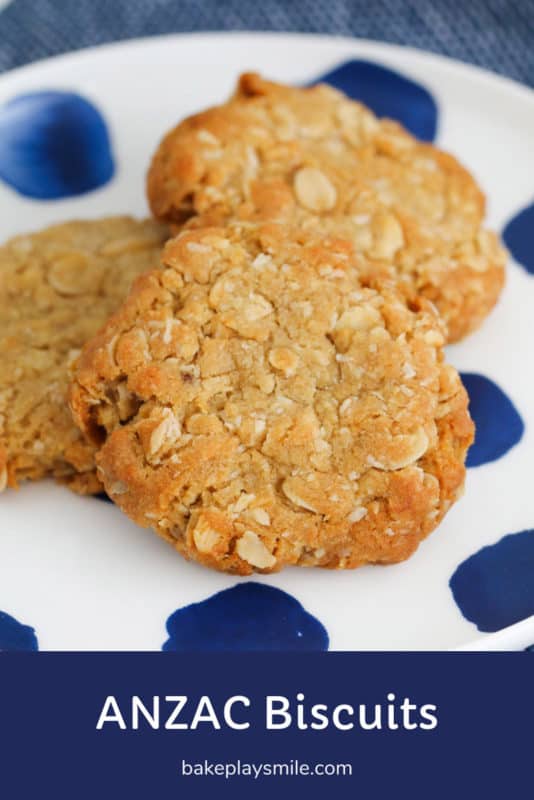 A white and blue plate with ANZAC biscuits.