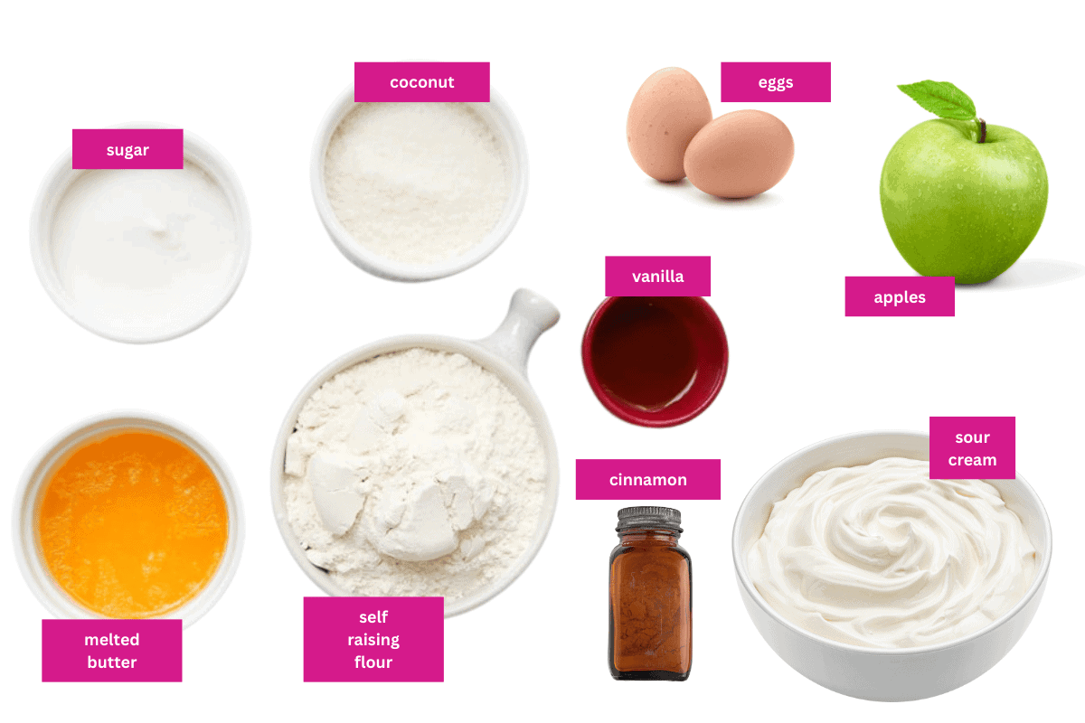The ingredients for apple and sour cream slice in small bowls.