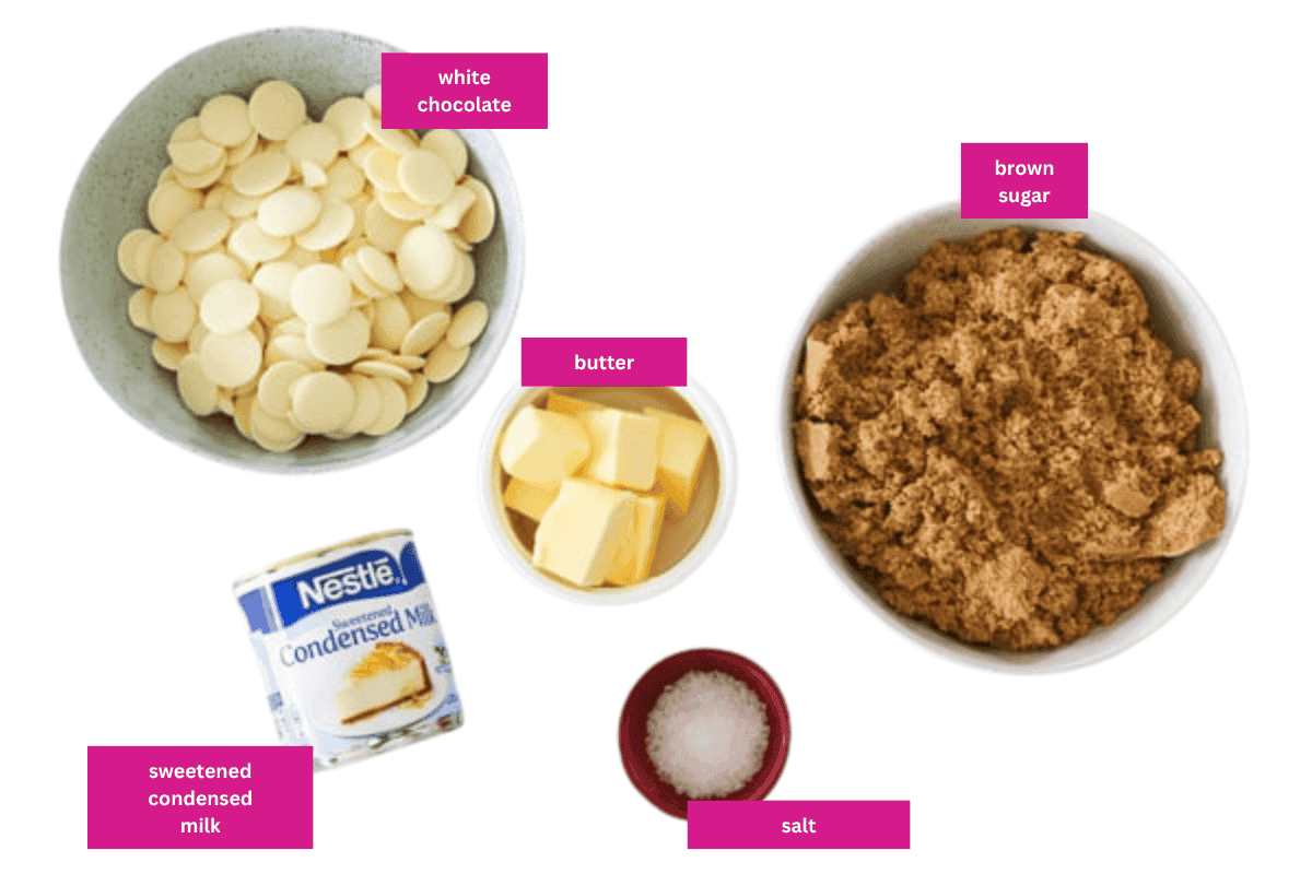 Brown sugar, white chocolate, sweetened condensed milk, butter and salt laid out in bowls.