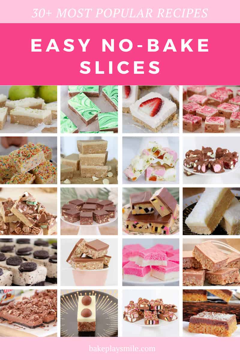 A collage of no-bake slice recipes.