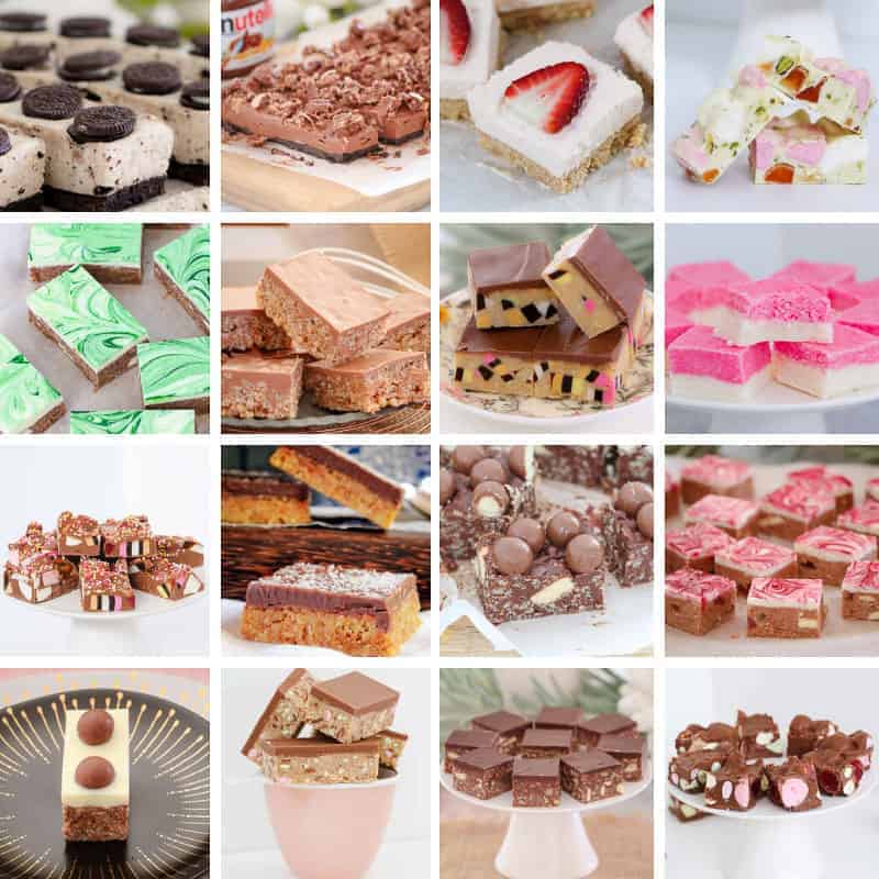 A collage with sixteen images of colourful no-bake slices, cut into bars and squares