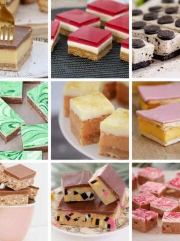 A collage of nine photos of various sweet slices.