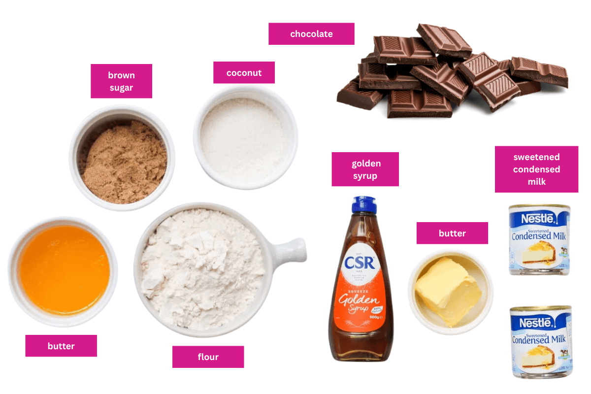 The ingredients for chocolate caramel slice.