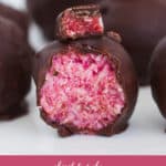 Cherry and coconut balls coated in dark chocolate.