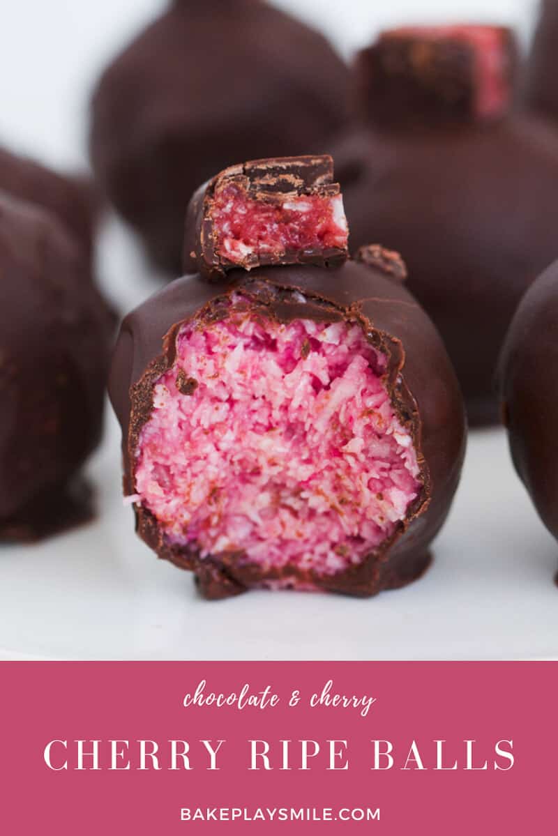 Cherry and coconut balls coated in dark chocolate. 